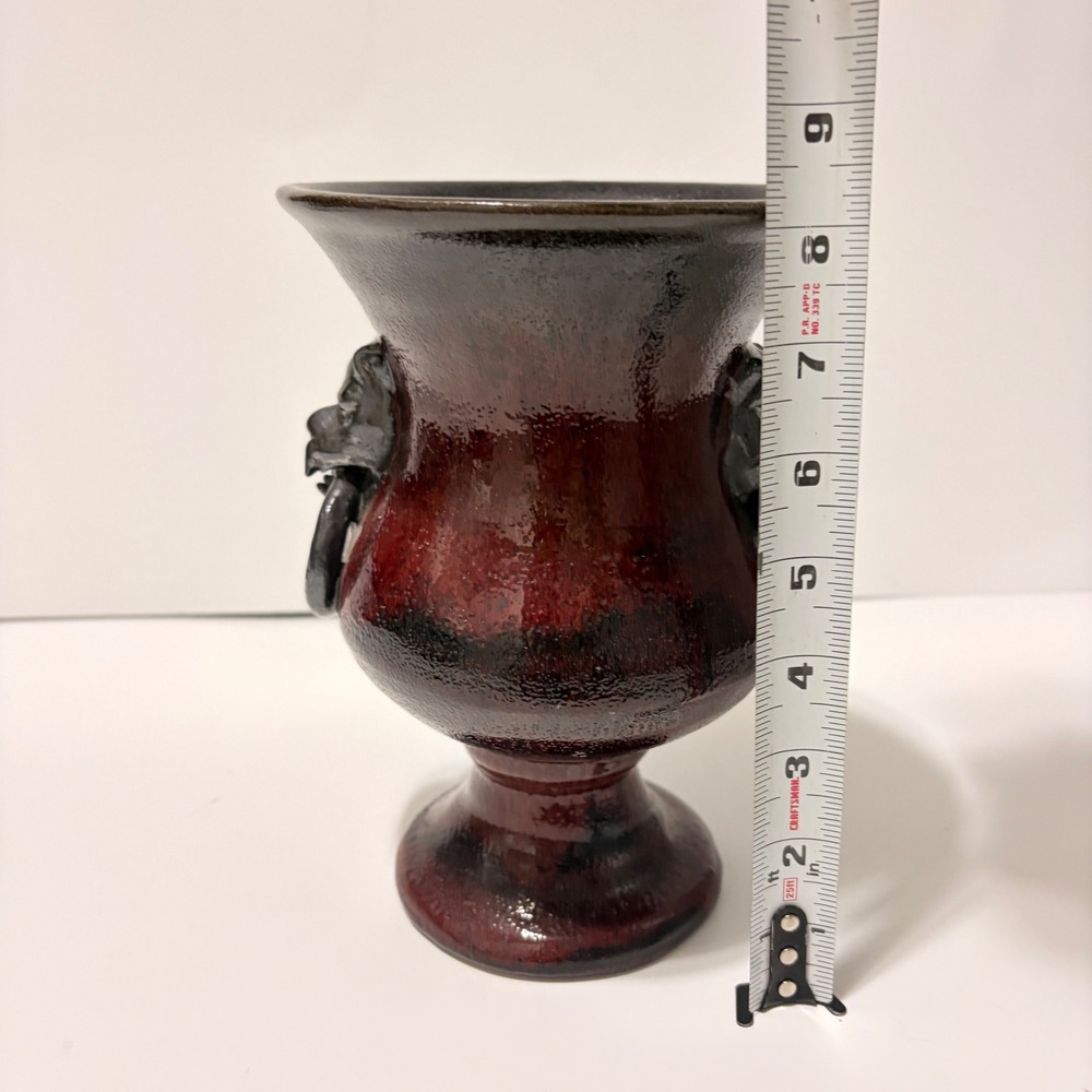RARE Gargoyle Handle Urn Vase Oxblood Red Black Volcanic Glaze Terracotta 8.5" - Picture 9 of 16